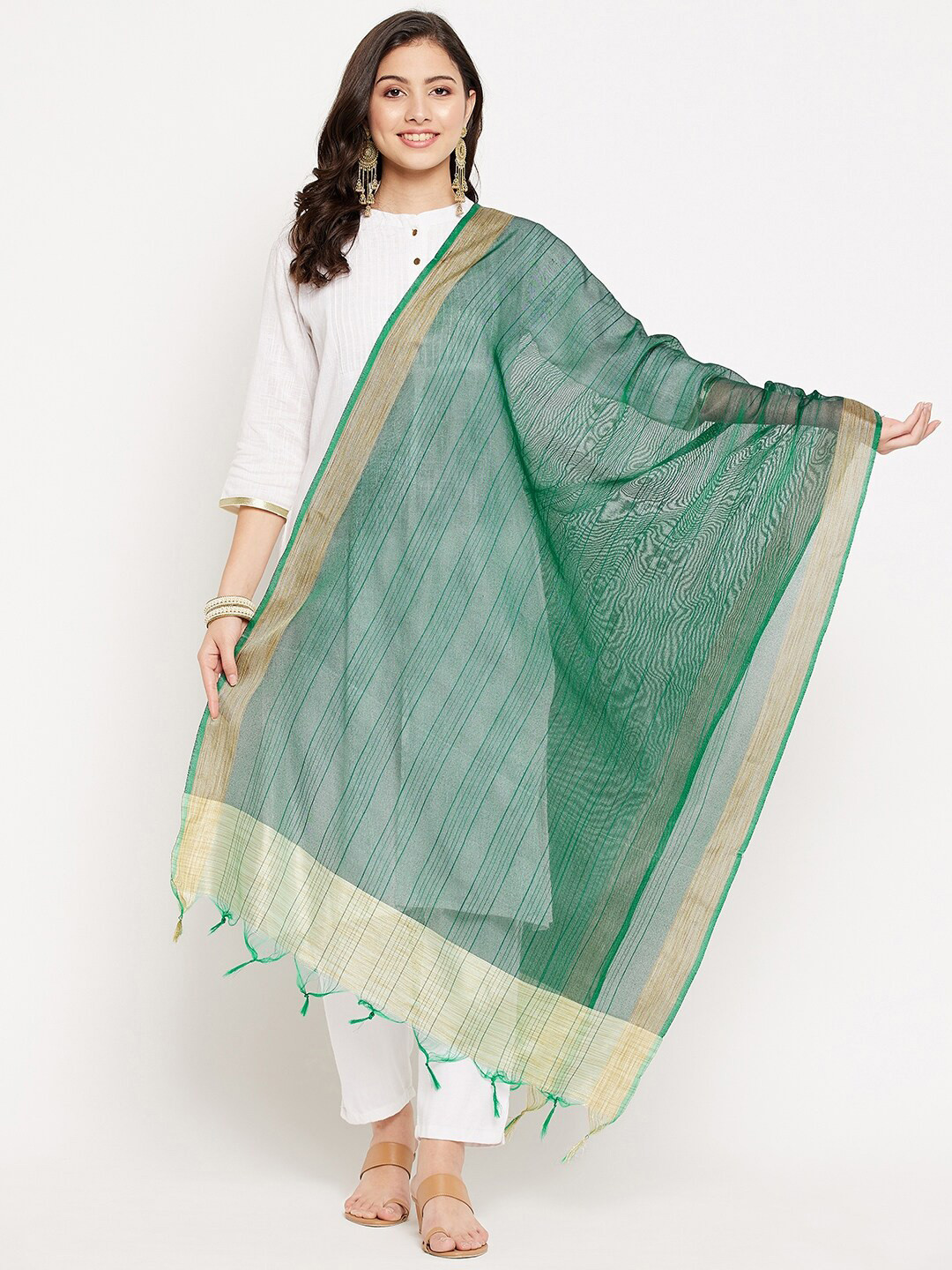 Clora Creation Women Green & Gold-Toned Striped Dupatta