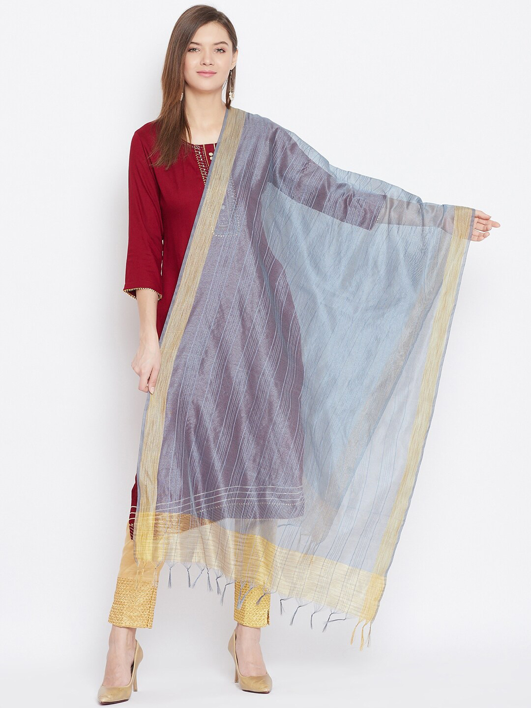 Clora Creation Grey & Gold-Toned Striped Tissue Silk Dupatta
