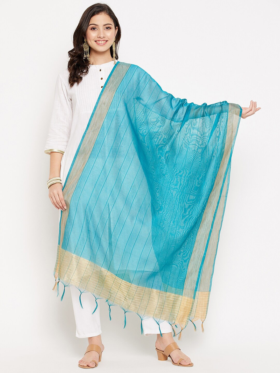 Clora Creation Green & Beige Striped Tissue Silk Dupatta