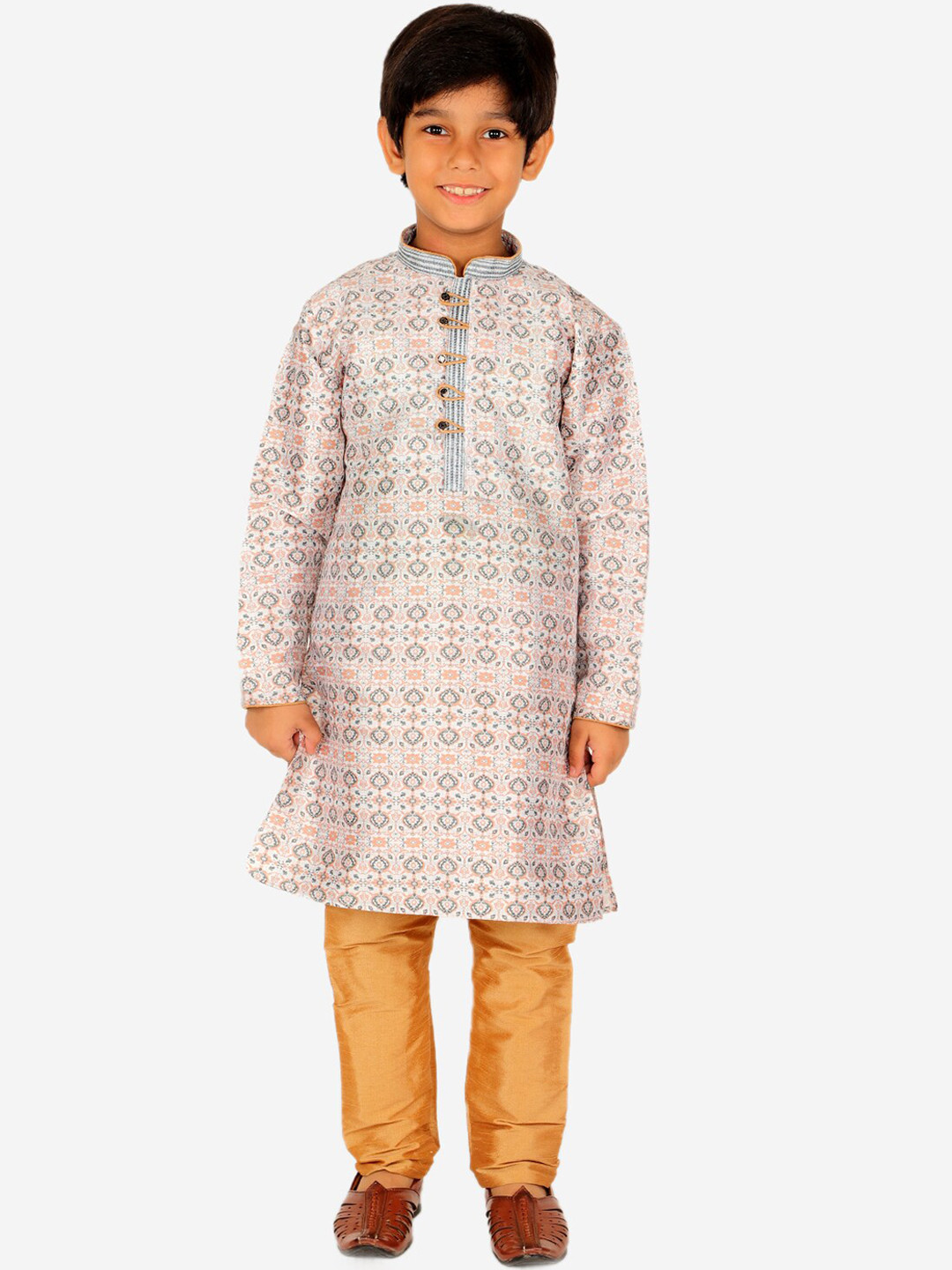 Pro-Ethic STYLE DEVELOPER Boys Off White Ethnic Motifs Printed Pure Silk Kurta with Pyjamas