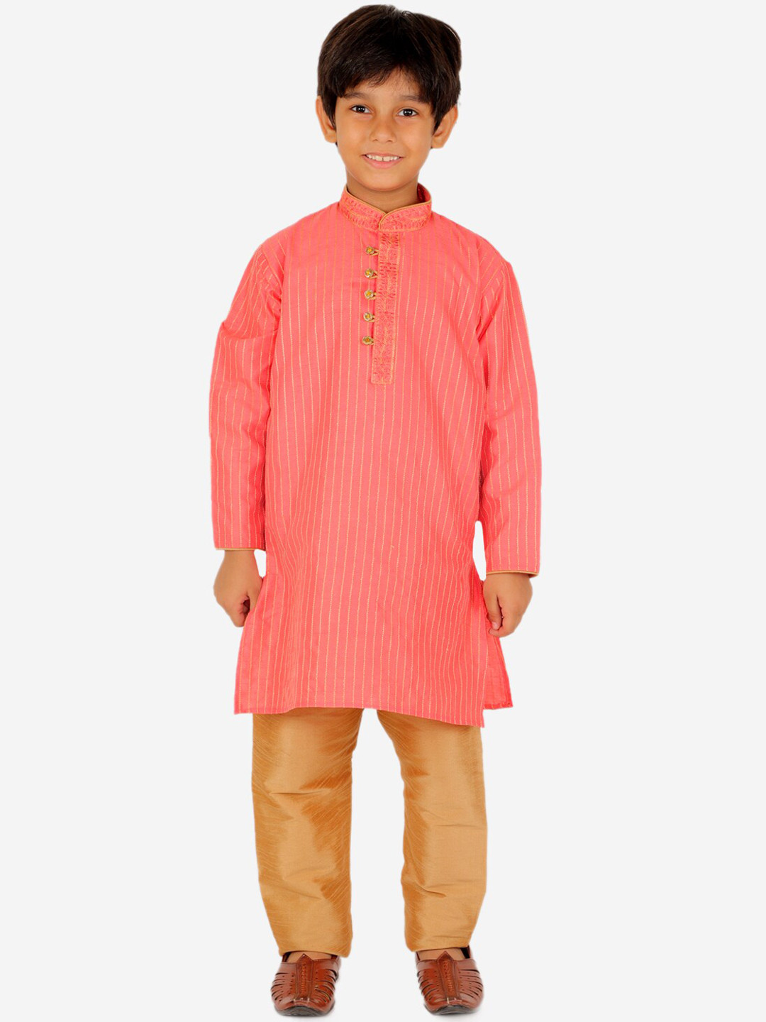 Pro-Ethic STYLE DEVELOPER Boys Pink Striped Thread Work Pure Silk Kurta with Pyjamas