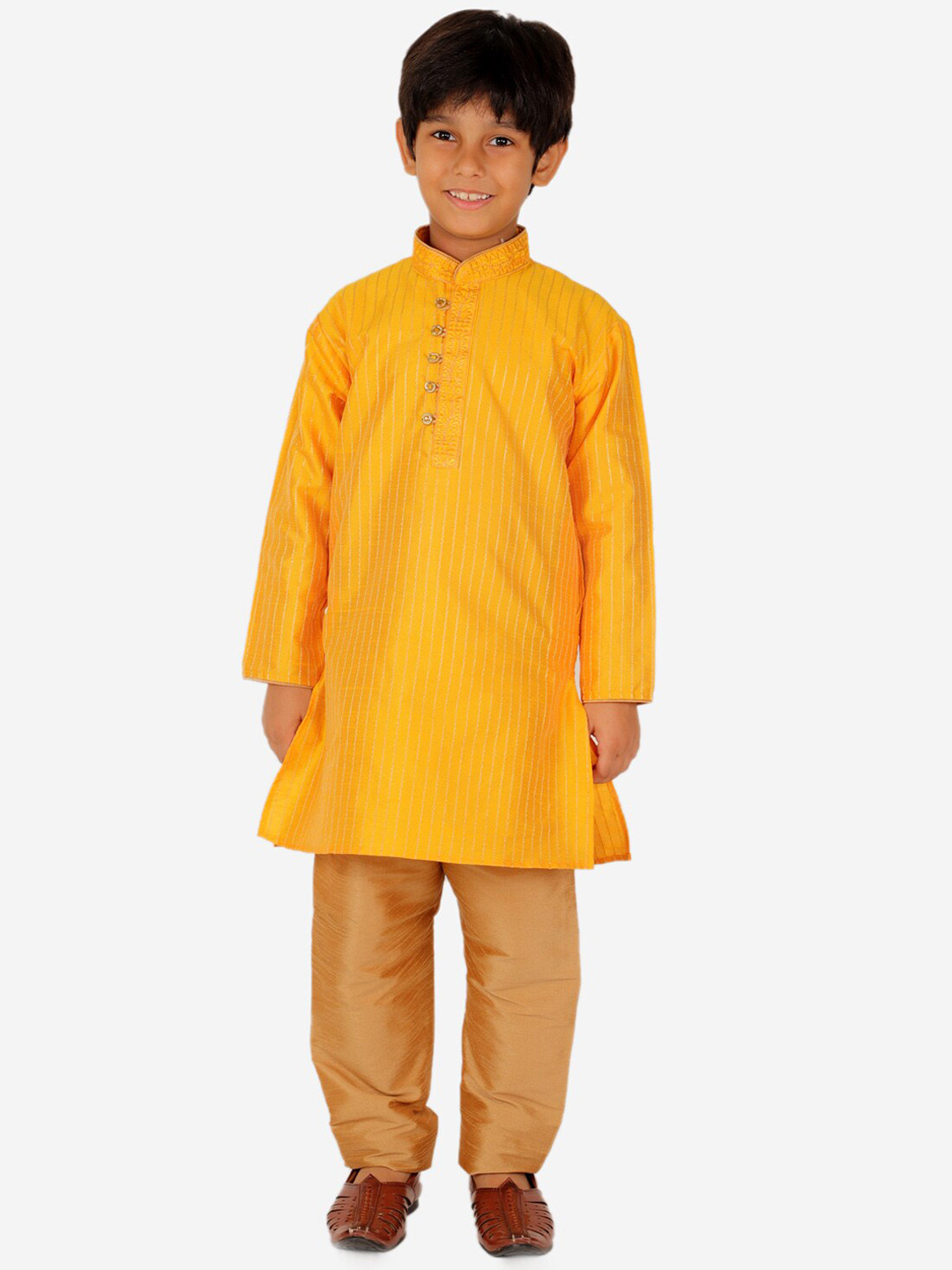 Pro-Ethic STYLE DEVELOPER Boys Yellow Striped Thread Work Pure Silk Kurta with Pyjamas