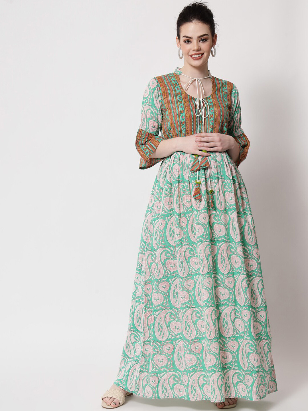 Aujjessa Green & Pink Cotton Ethnic Motifs Tie-Up Neck Maternity Maxi Maxi Dress