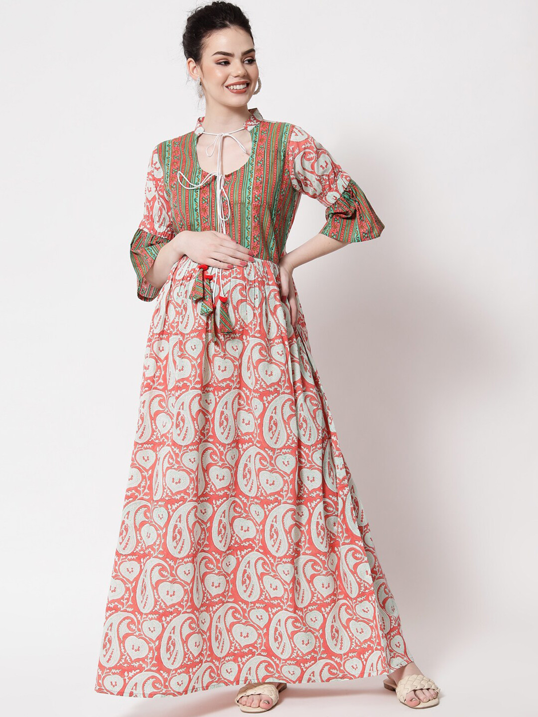 Aujjessa Peach-Coloured Ethnic Motifs Tie-Up Neck Pure Cotton Maternity Maxi Dress