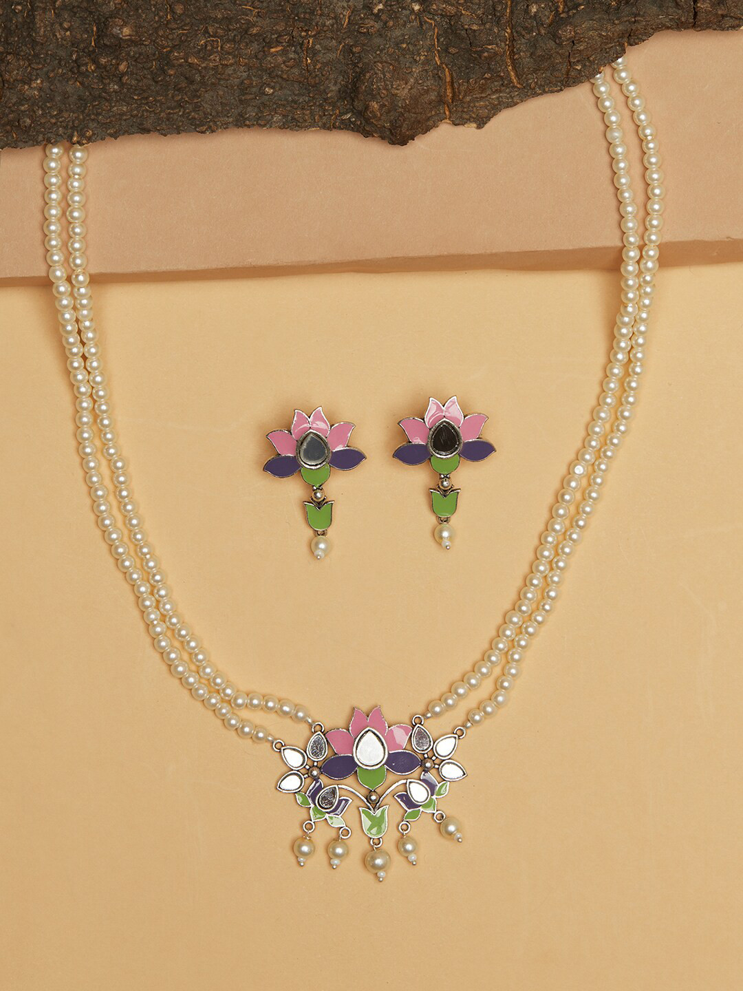 Festive Hues Mirror and Enamel Details Silver Oxidised Pearls Jewellery Set