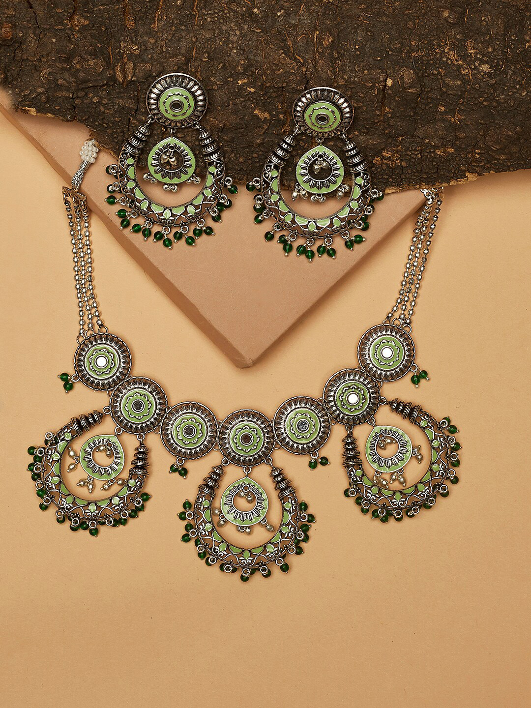 Voylla Silver-Plated Enamel Brass Faux Pearls Jewellery Set