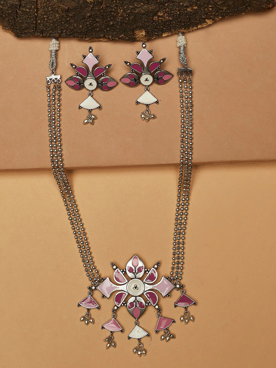 Festive Hues Pink Enamelled Beaded Silver Toned Jewellery Set