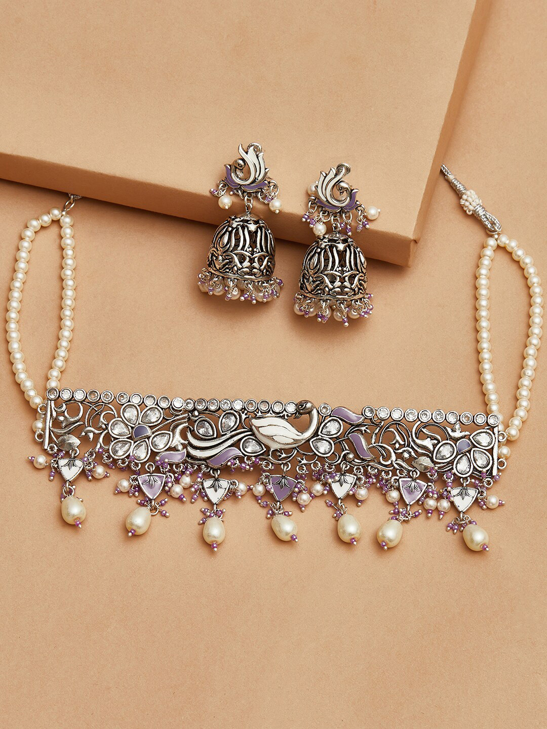 Voylla Silver-Toned Round Faux Pearls Beaded Brass Jewellery Set