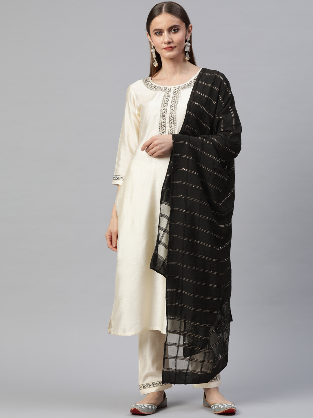 SheWill Women White Floral Yoke Design Sequinned Kurta with Trousers & With Dupatta
