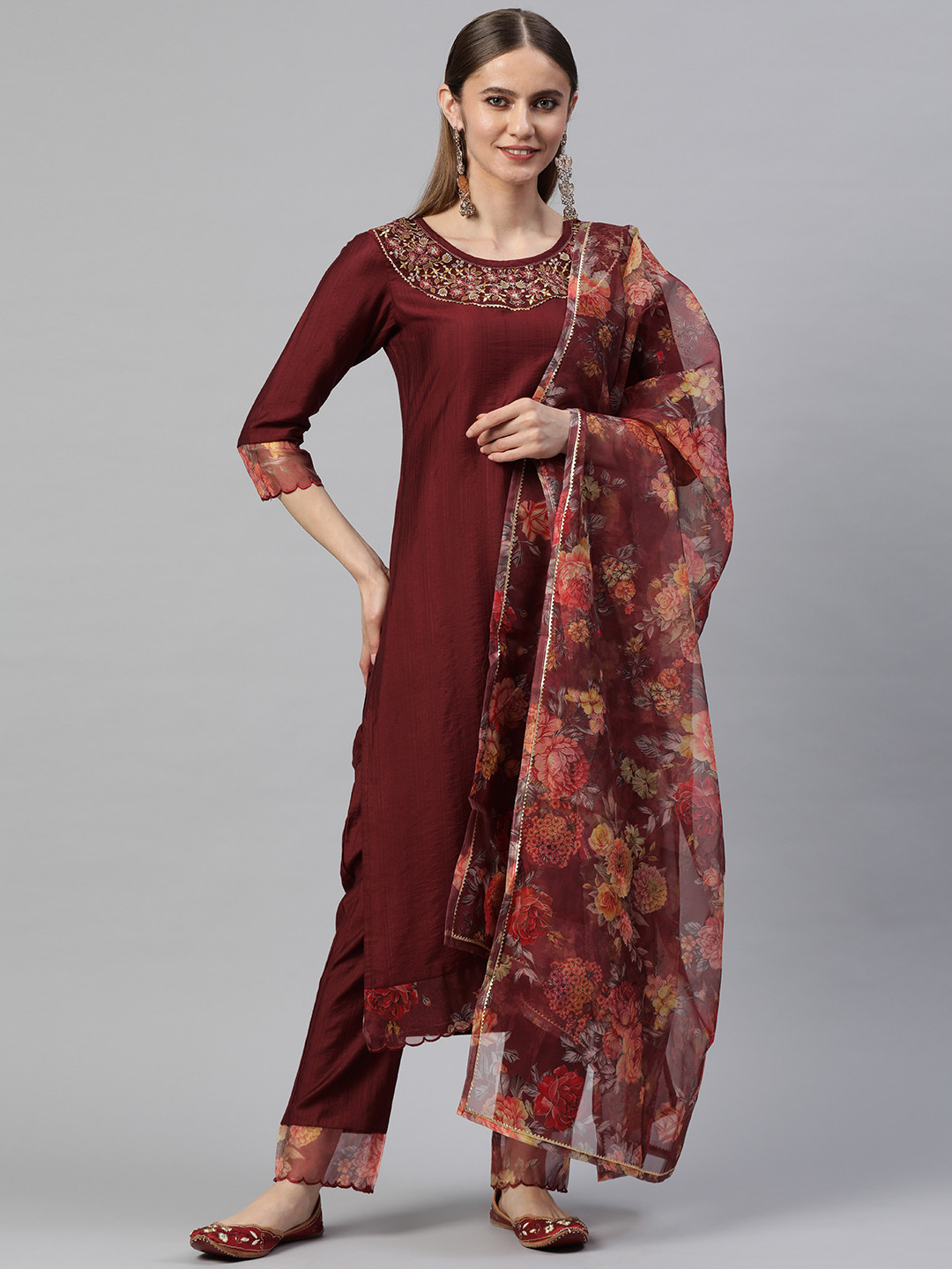 SheWill Women Maroon Floral Yoke Design Gotta Patti Kurta with Trousers & With Dupatta