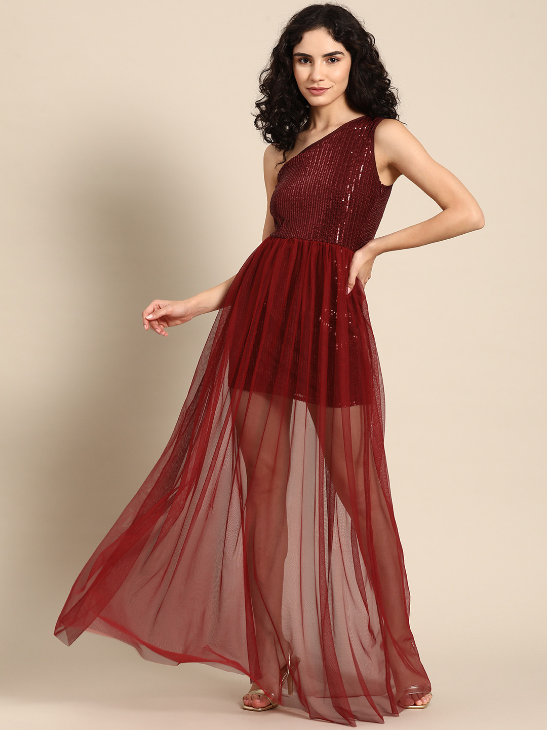 DODO & MOA Maroon Embellished One Shoulder Maxi Dress