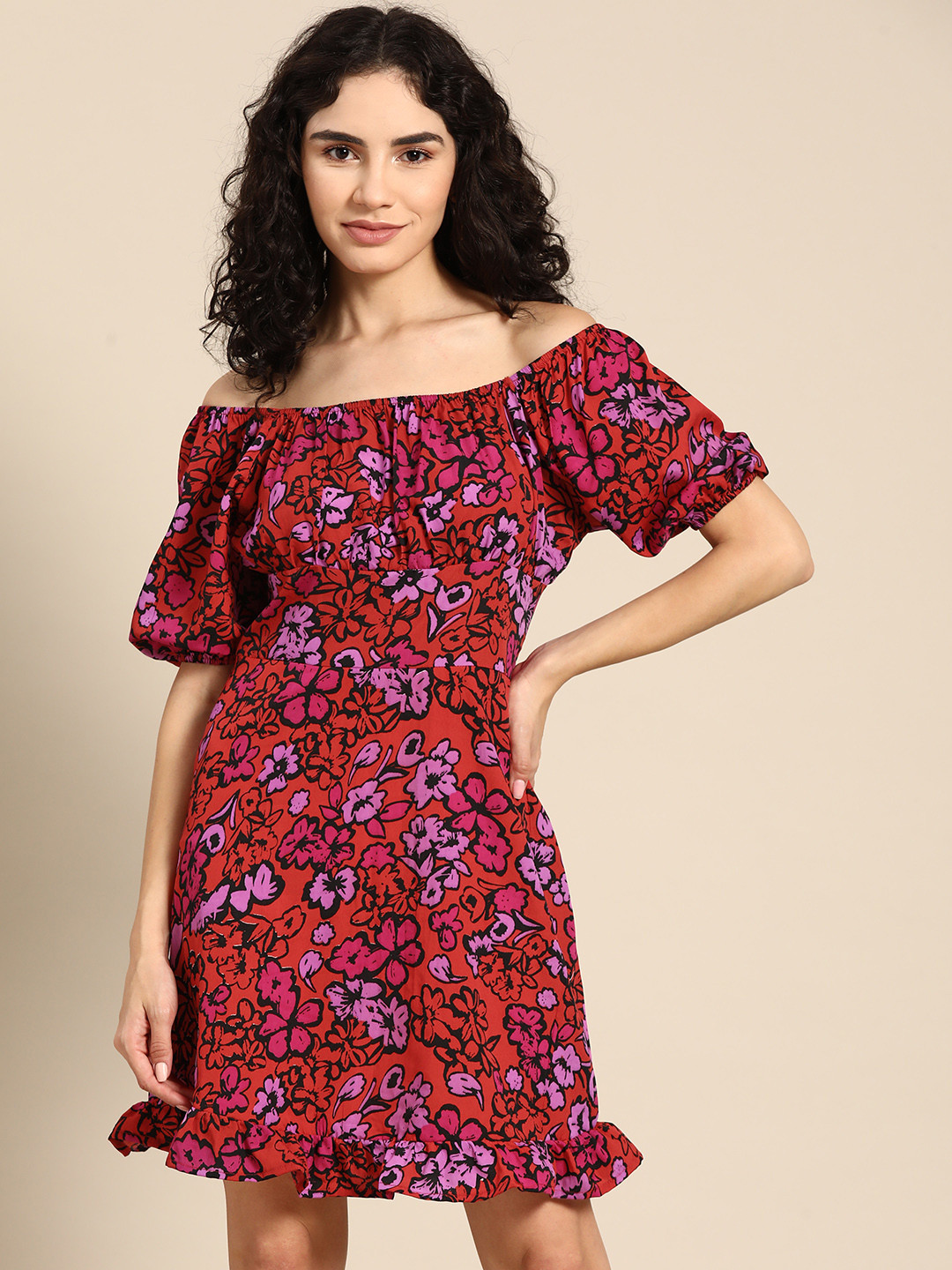DODO & MOA Red Floral Off-Shoulder A-Line Dress