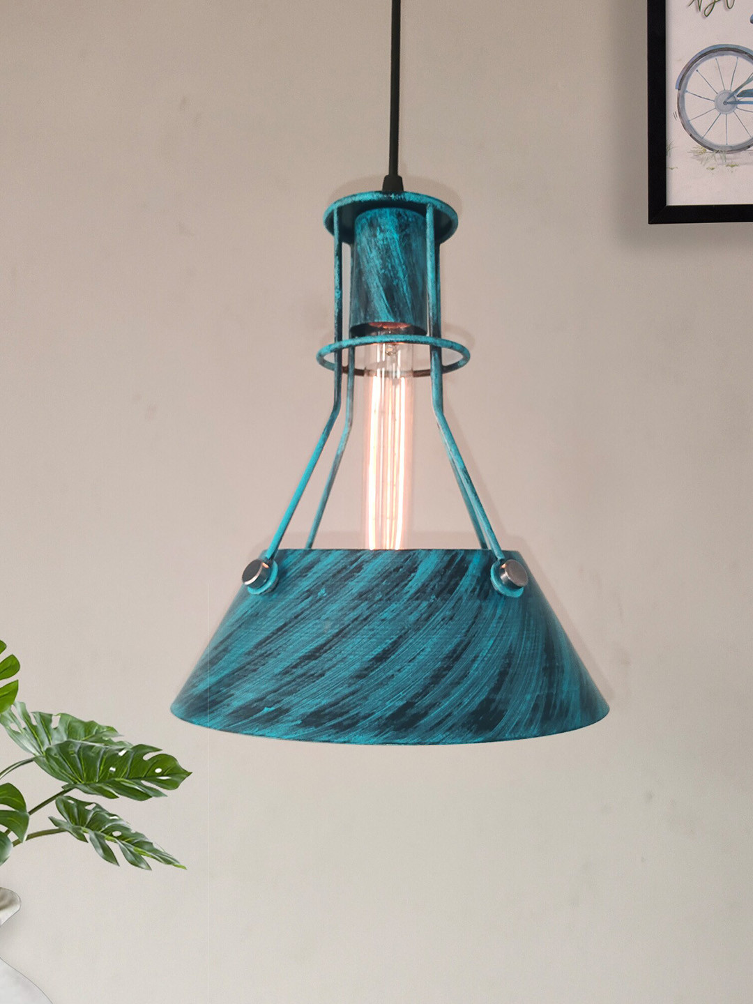 Homesake Turquoise Blue Distress Cone  Lamp With Filament Bulb