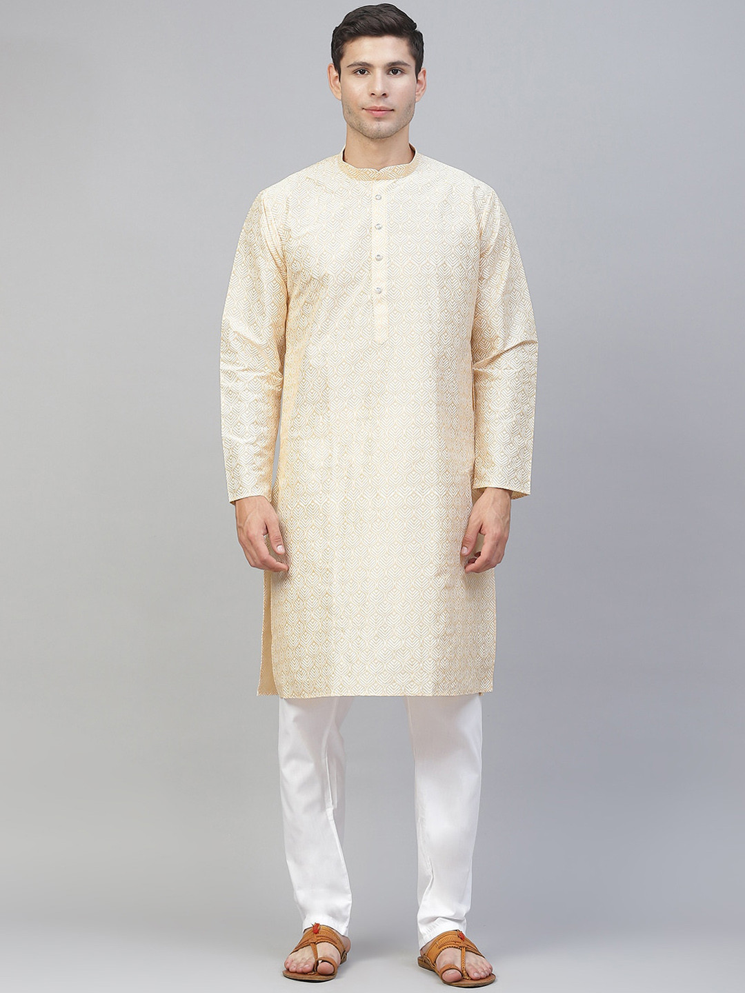 MANQ Men Cream-Coloured Ethnic Motifs Kurta
