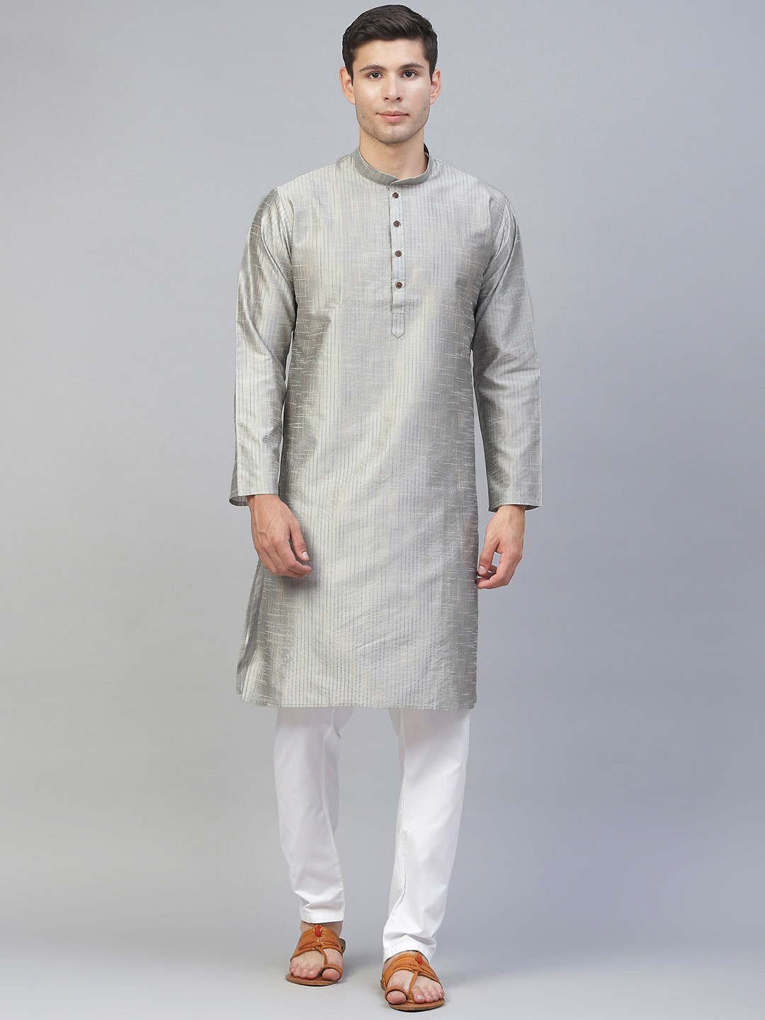 MANQ Men Grey Thread Work Kurta
