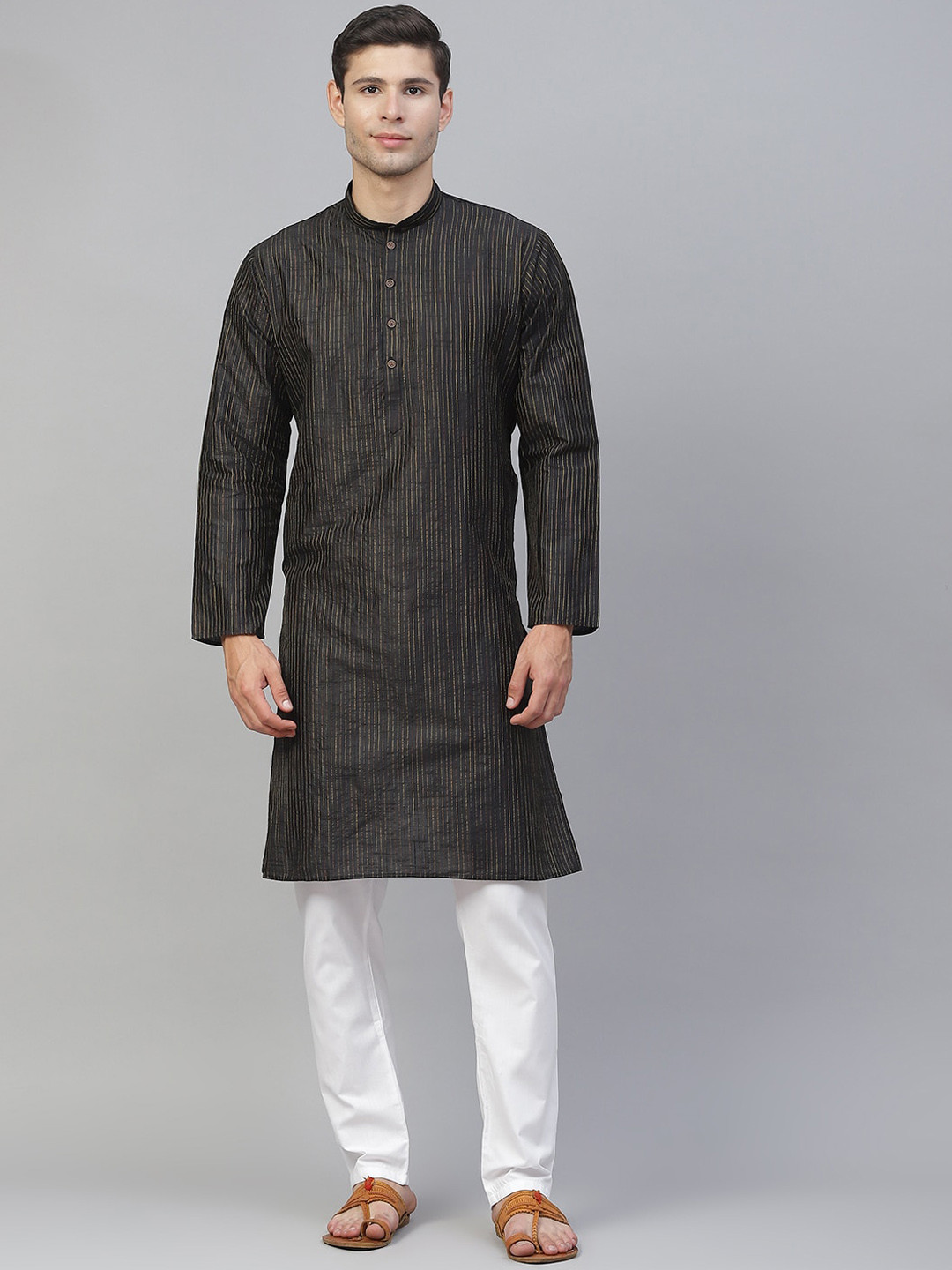 MANQ Men Black Mandarin Collar Striped Straight Kurta