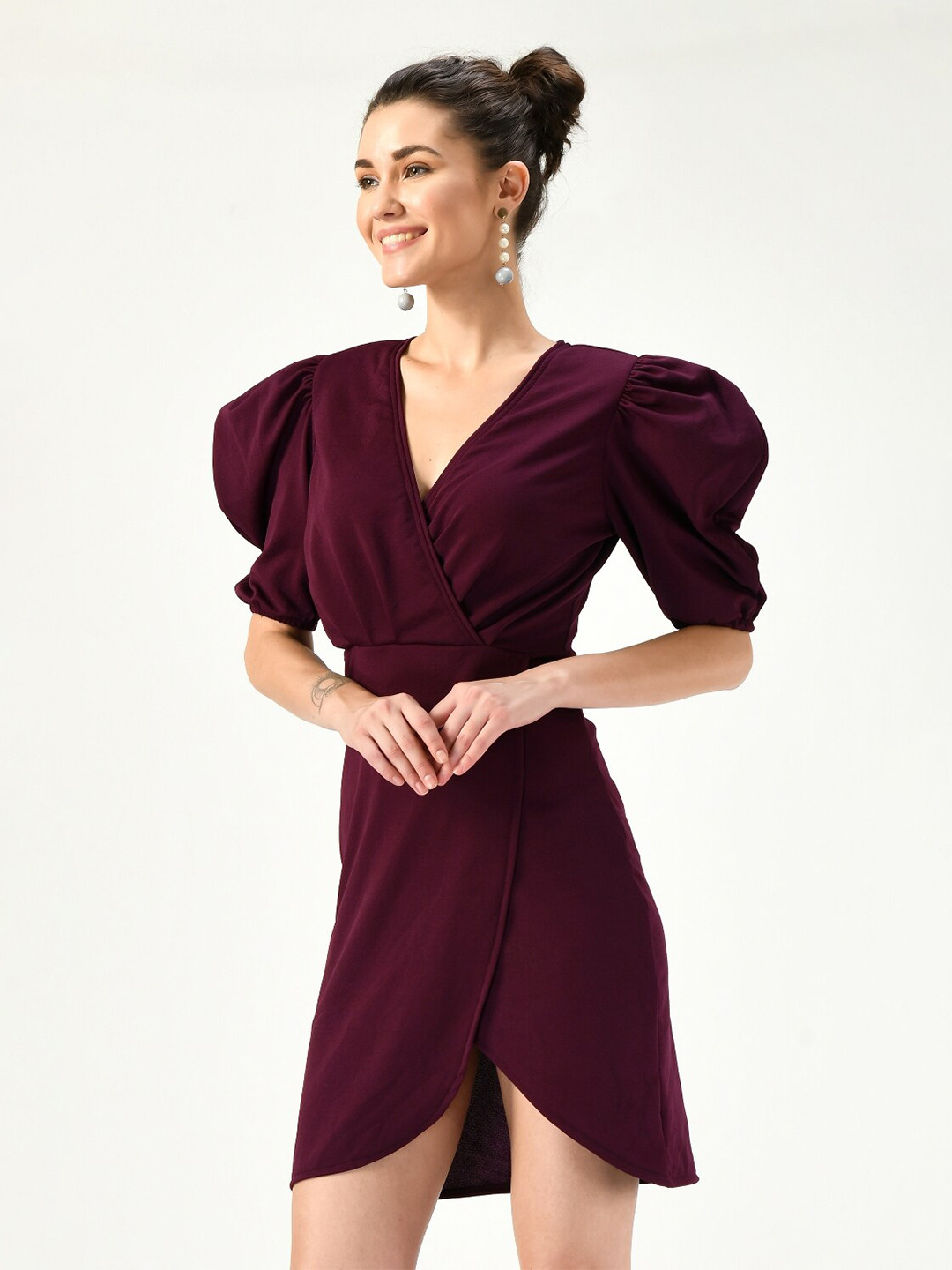 IUGA Purple Solid Wrap Puff Sleeves Dress