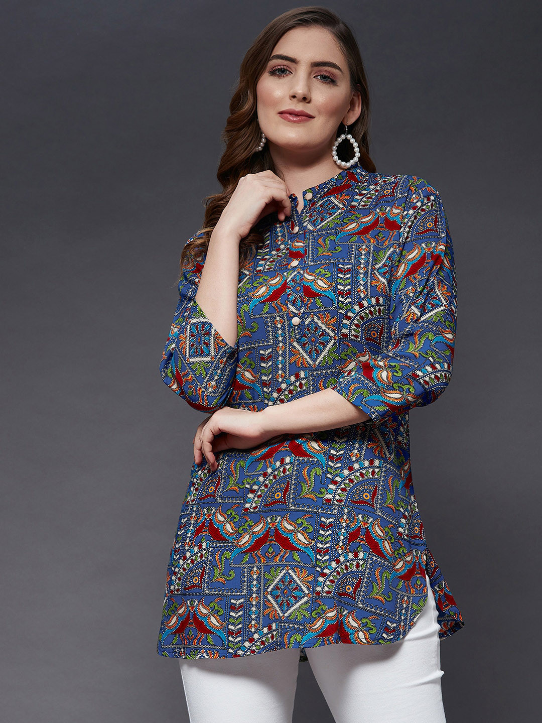 Azira Women Blue & Maroon Viscose Rayon Mandarin Collar Printed Tunic