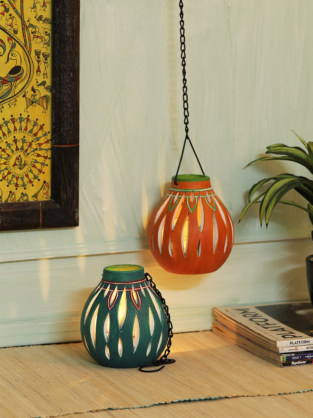VarEesha Set Of 2 Green & Red Terracotta Cutwork Lantern Lamps