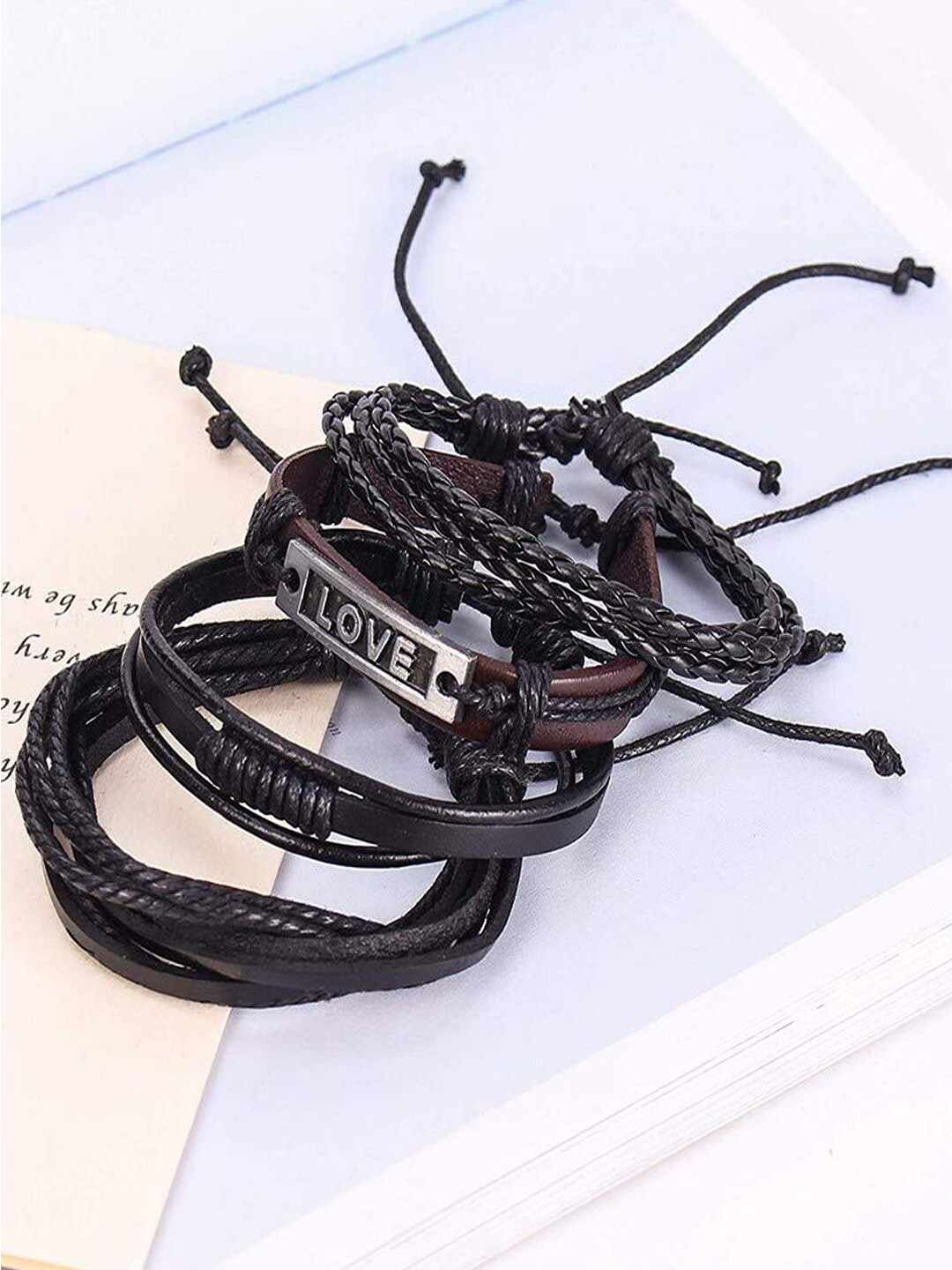 UNIVERSITY TRENDZ Unisex Set of 4 Black Leather Multistrand Bracelets
