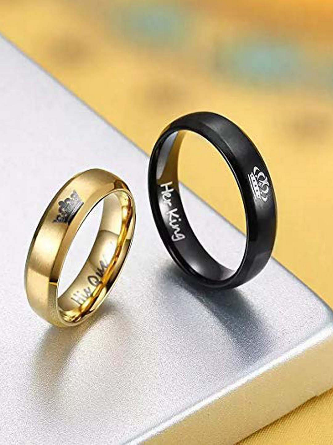 UNIVERSITY TRENDZ Unisex Black & Gold-Toned Set of 2 Stainless Steel Couple Rings