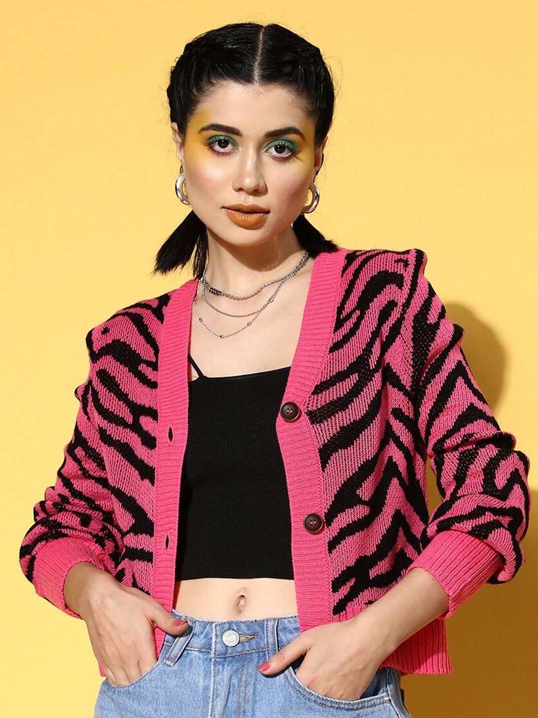 SASSAFRAS Women Printed Animal Printed Crop Cardigan - Sweaters for Women 20067952 | Myntra