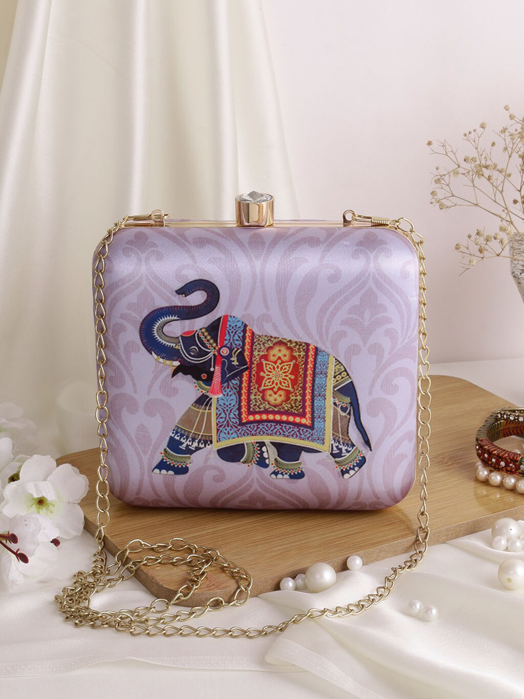 Swisni Lavender & Red Printed Box Clutch