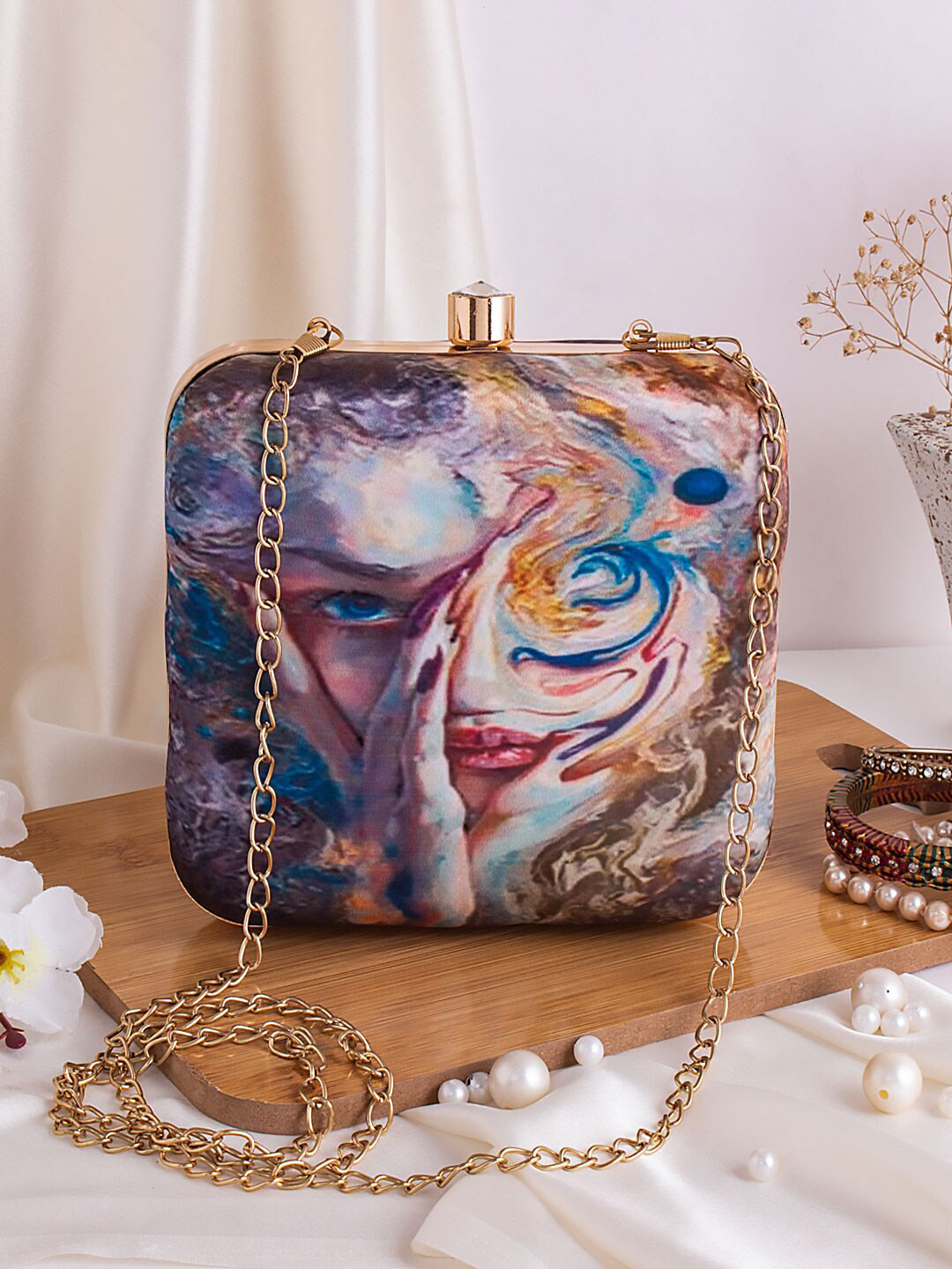 Swisni Blue & White Printed Box Clutch