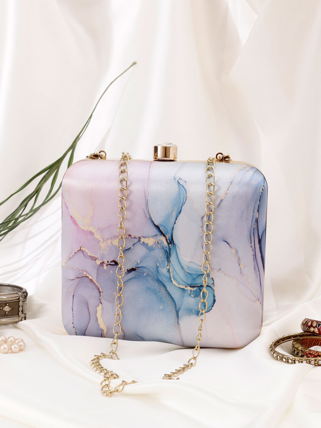 Swisni Blue & White Printed Box Clutch
