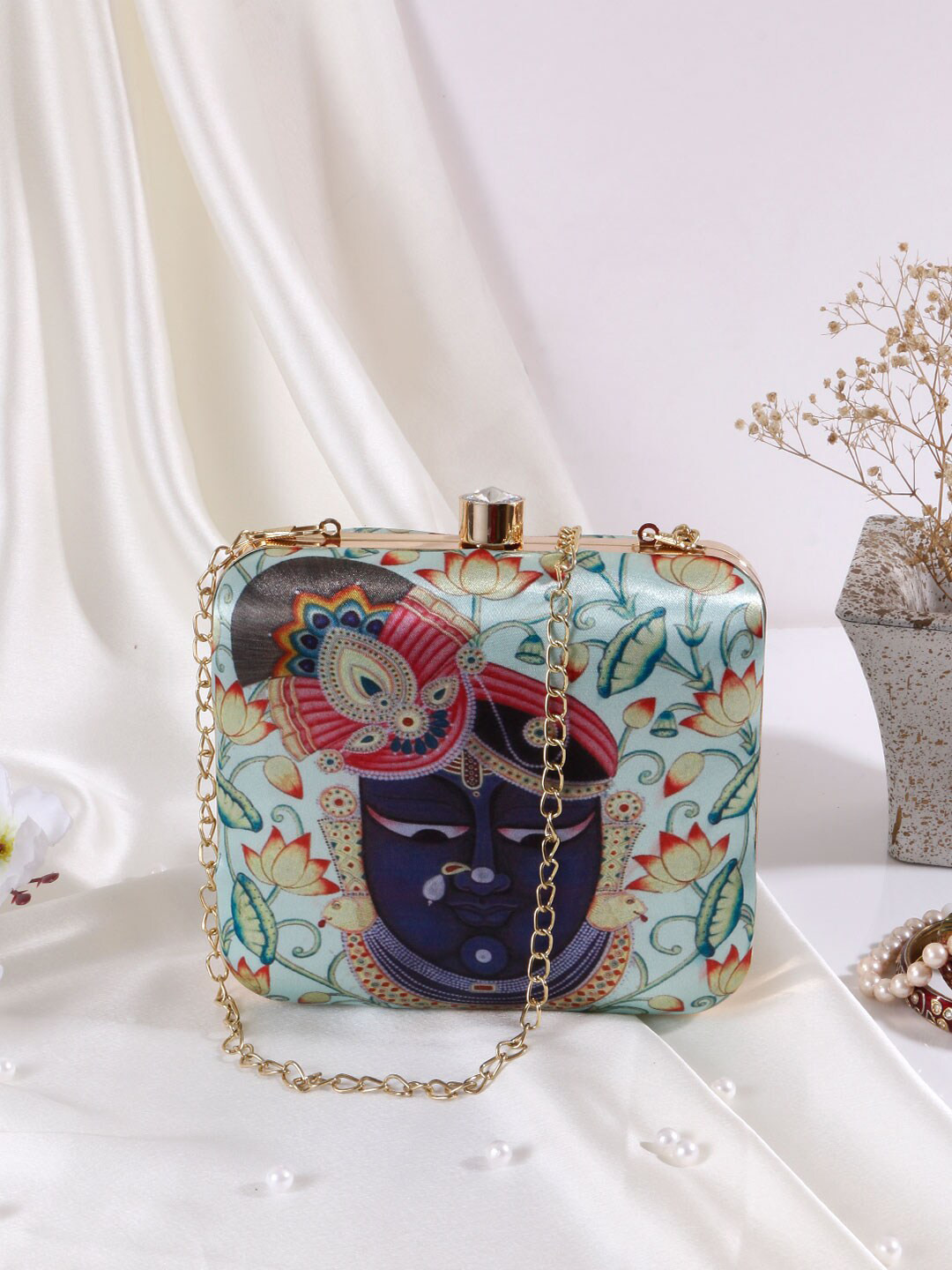 Swisni Women Sea Green & Blue Printed Box Clutch With Shoulder Strap