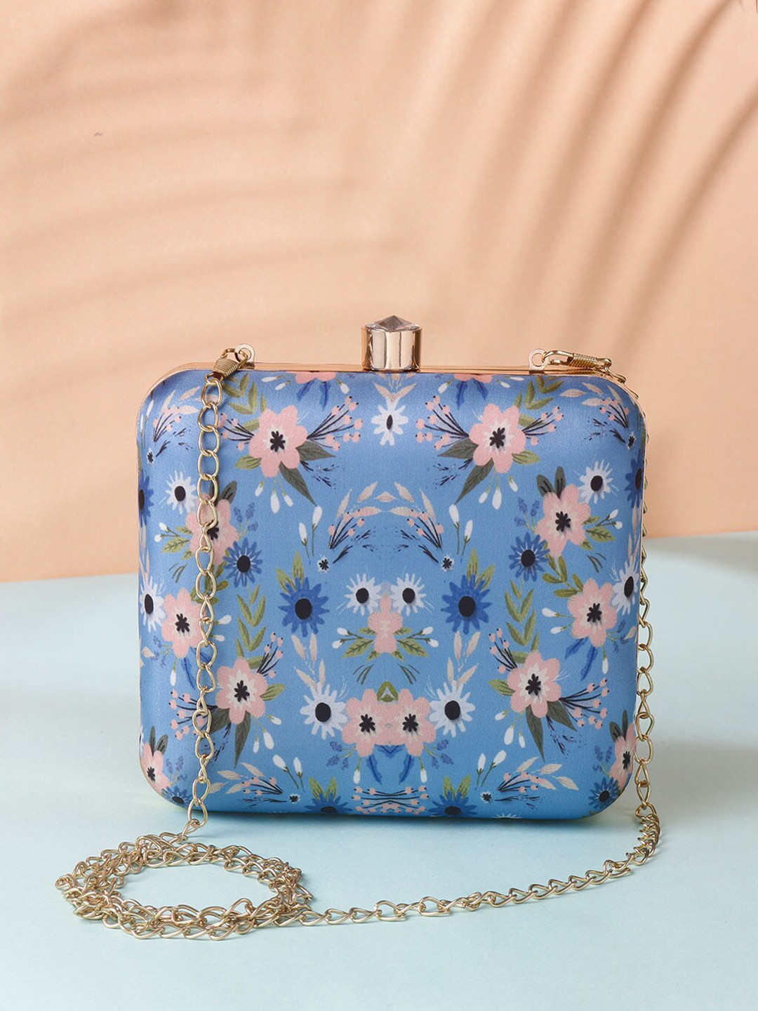 Swisni Women Blue & Peach Printed Fabric Box Clutch