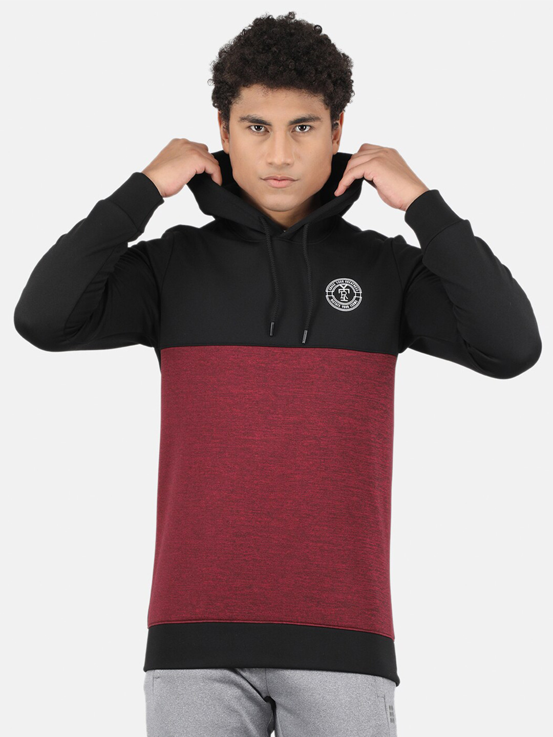 rock.it Men Black & Peach Colourblocked Hooded Sweatshirt