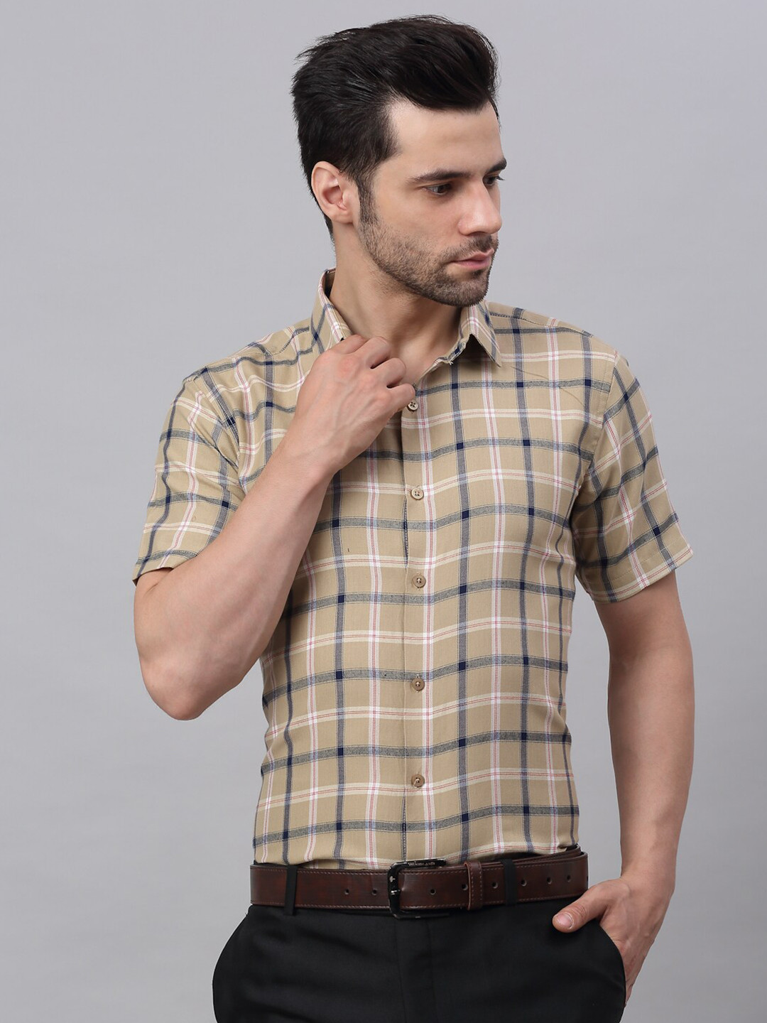 JAINISH Men Beige Classic Tartan Checked Pure Cotton Formal Shirt