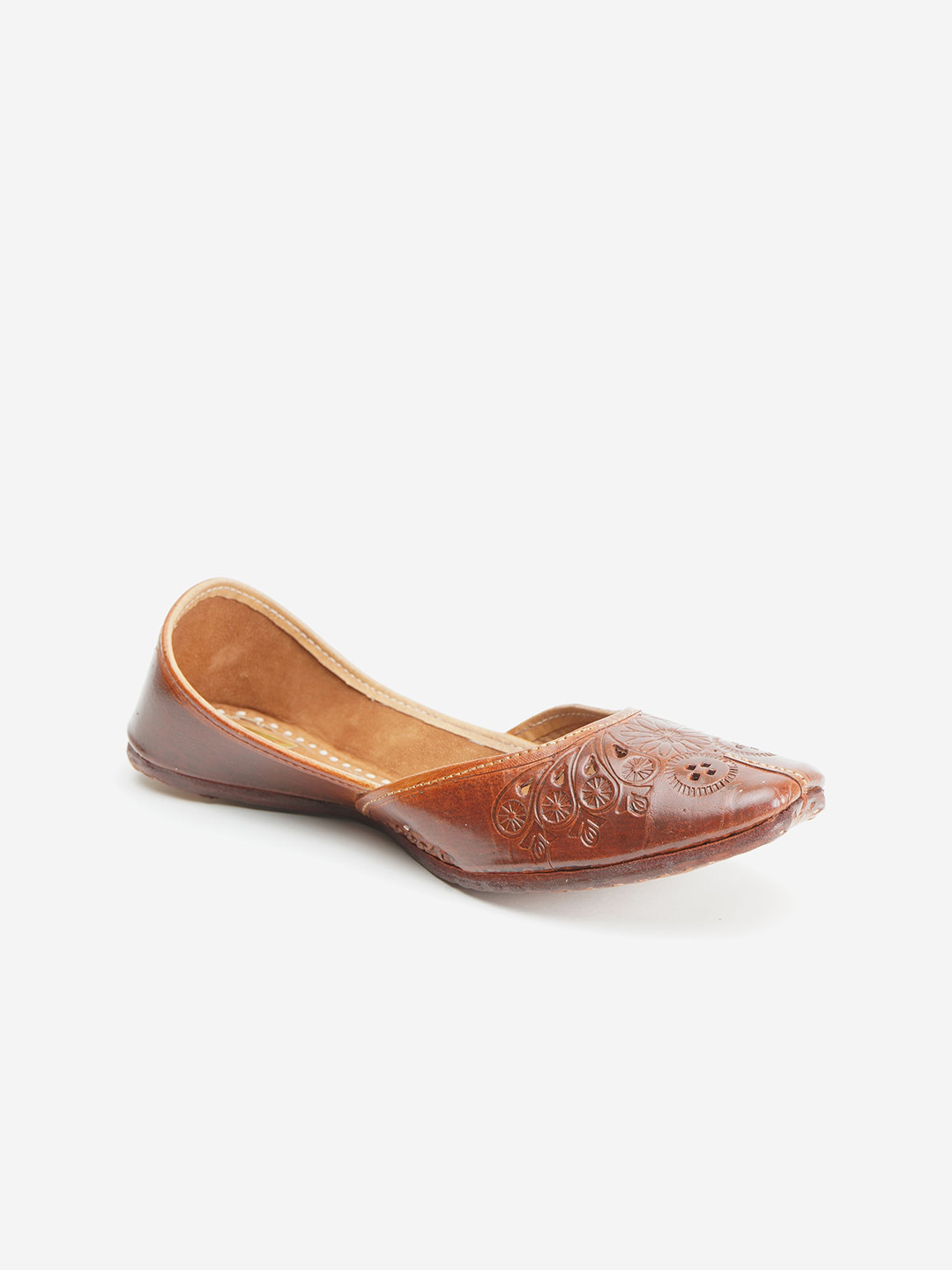 Ta Chic Women Brown Textured Laser Cuts Ethnic Mojaris Flats