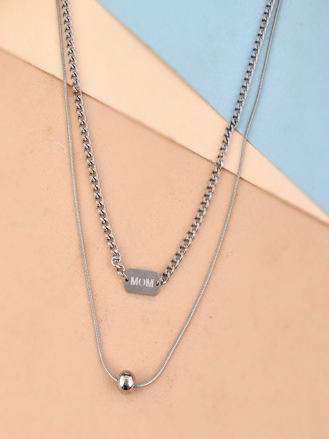 AQUASTREET Men Silver Mom Inscribed Pendant Layer Necklace