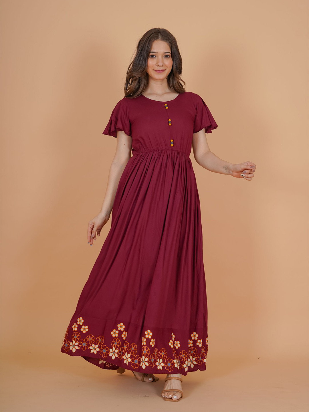 DAEVISH Women Maroon Solid Fit and Flare Maxi Dress