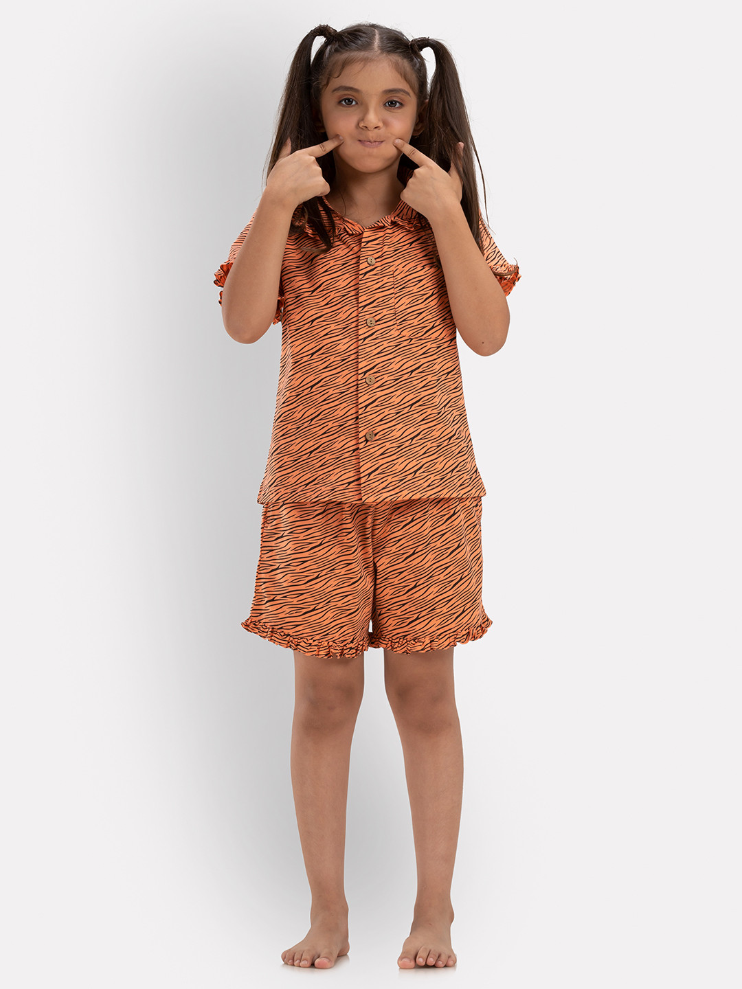 Growing Tree Girls Orange & Black Printed Night suit