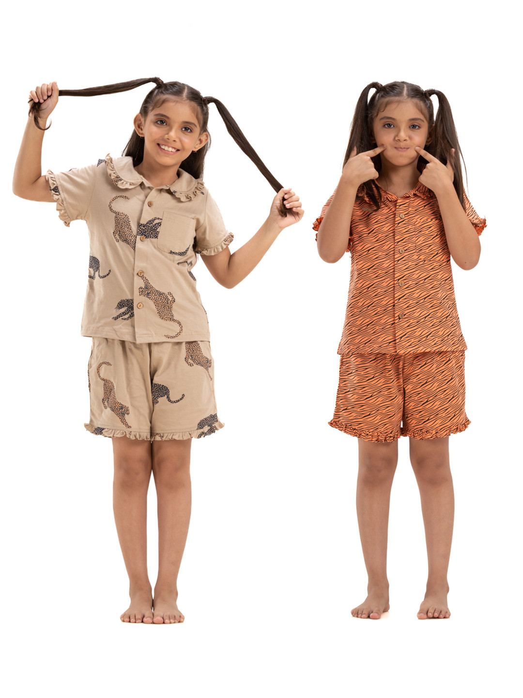 Growing Tree Pack Of 2 Girls Orange & Beige Printed Cotton Night Suit