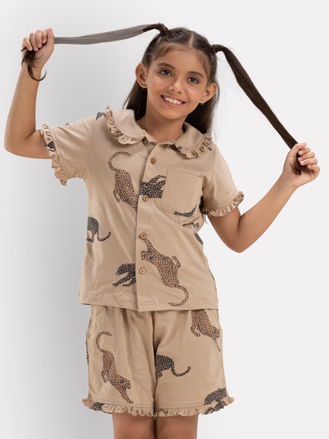 Growing Tree Girls Gold-Toned & Navy Blue Printed Night Suit