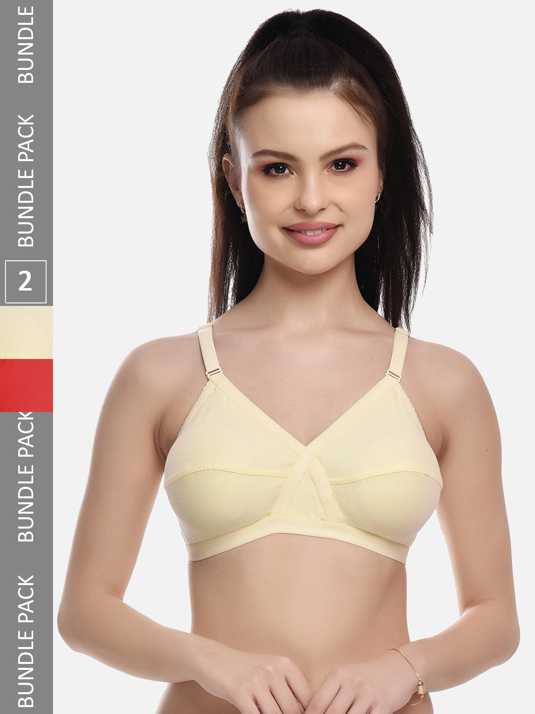 FIMS Beige & Red Pack of 2 Cotton Blend Everyday Non-Padded Bra MTR_Cross_Bra_BeigeRed_B