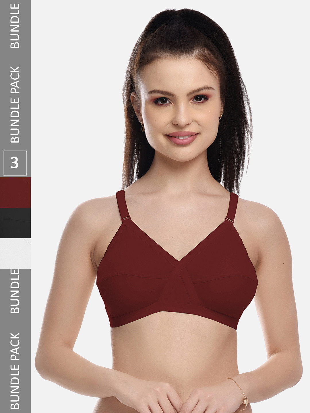 FIMS Black & White Pack of 3 Cotton Blend Non-Padded Bra MTR_Cross_Bra_
