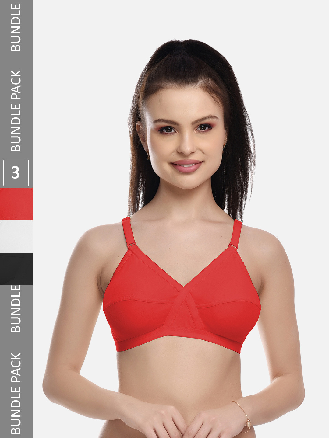 FIMS Black & Red Pack of 3 Cotton Blend Non-Padded Bras MTR_Cross_Bra_BlackWhiteRed_B
