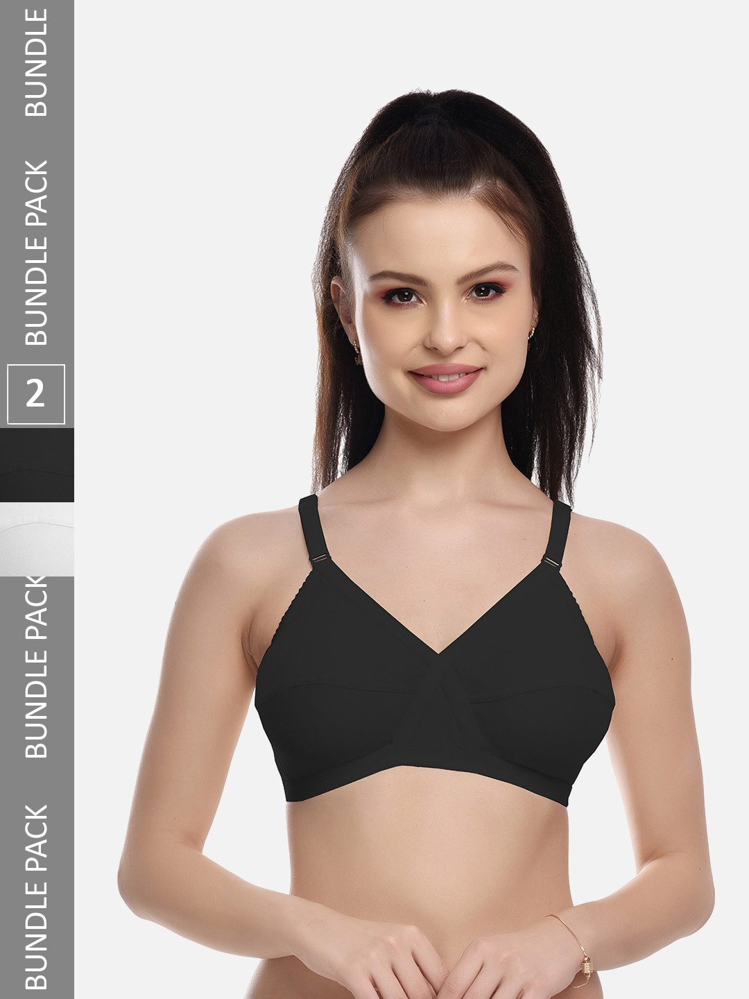 FIMS Black & White ack of 2 Cotton Blend Non-Padded Bras MTR_Cross_Bra_BlackWhite_B