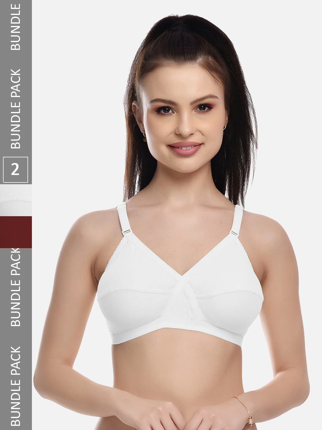 FIMS White & Maroon Pack pf 2 Cotton Blend Dry Fit Everyday Non-Padded Bra MTR_Cross_Bra_