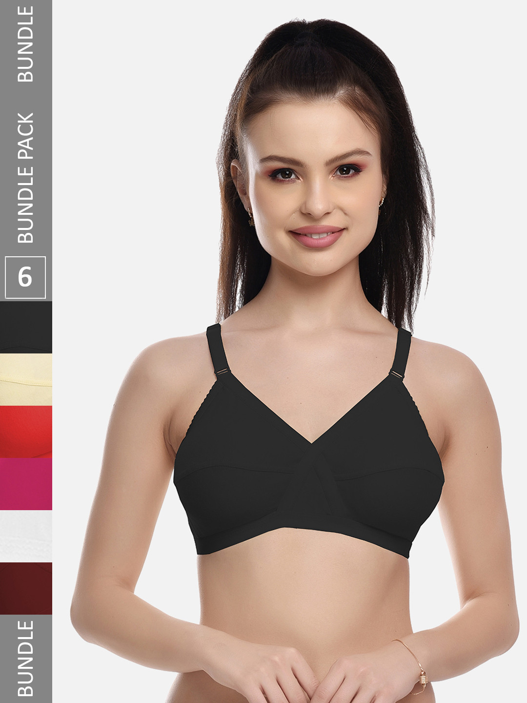 FIMS White & Black Pack of 6 Cotton Blend Non-Padded Bras MTR_Cross_Bra_Packof6_B