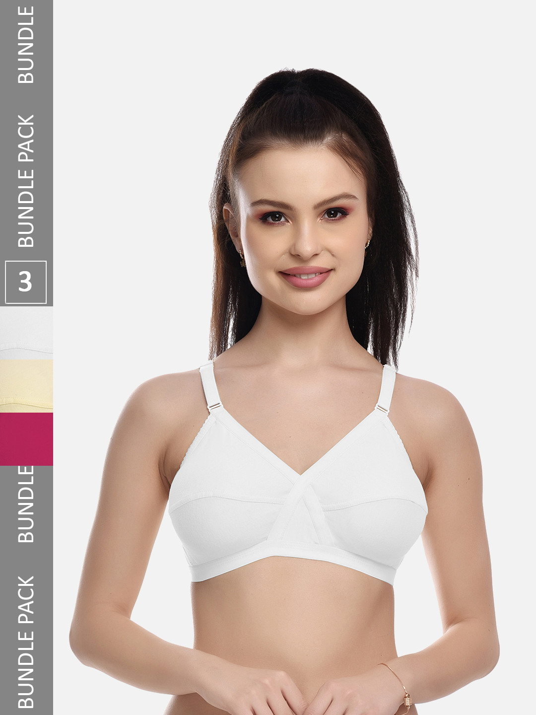 FIMS White & Pink Pack of 3 Cotton Blend Non-Padded Bras MTR_Cross_Bra_WhiteBeigePink_B
