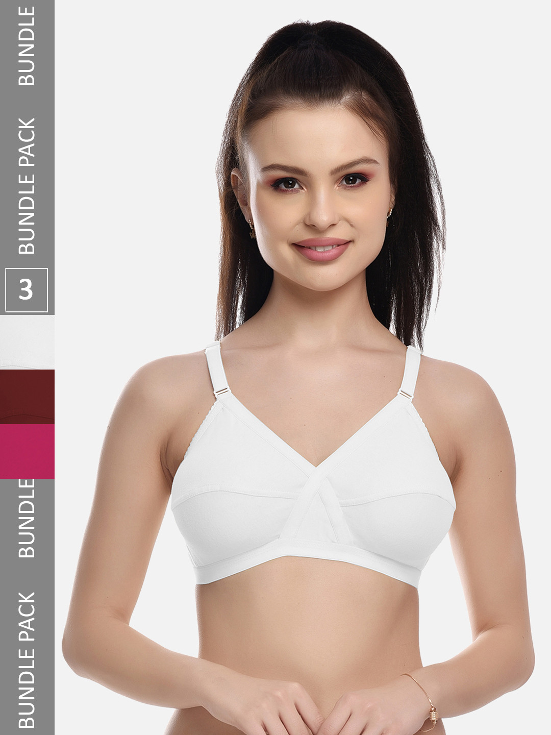 FIMS White & Maroon Pack of 3 Cotton Blend Non-Padded Bras MTR_Cross_Bra_WhitePinkMaroon_B