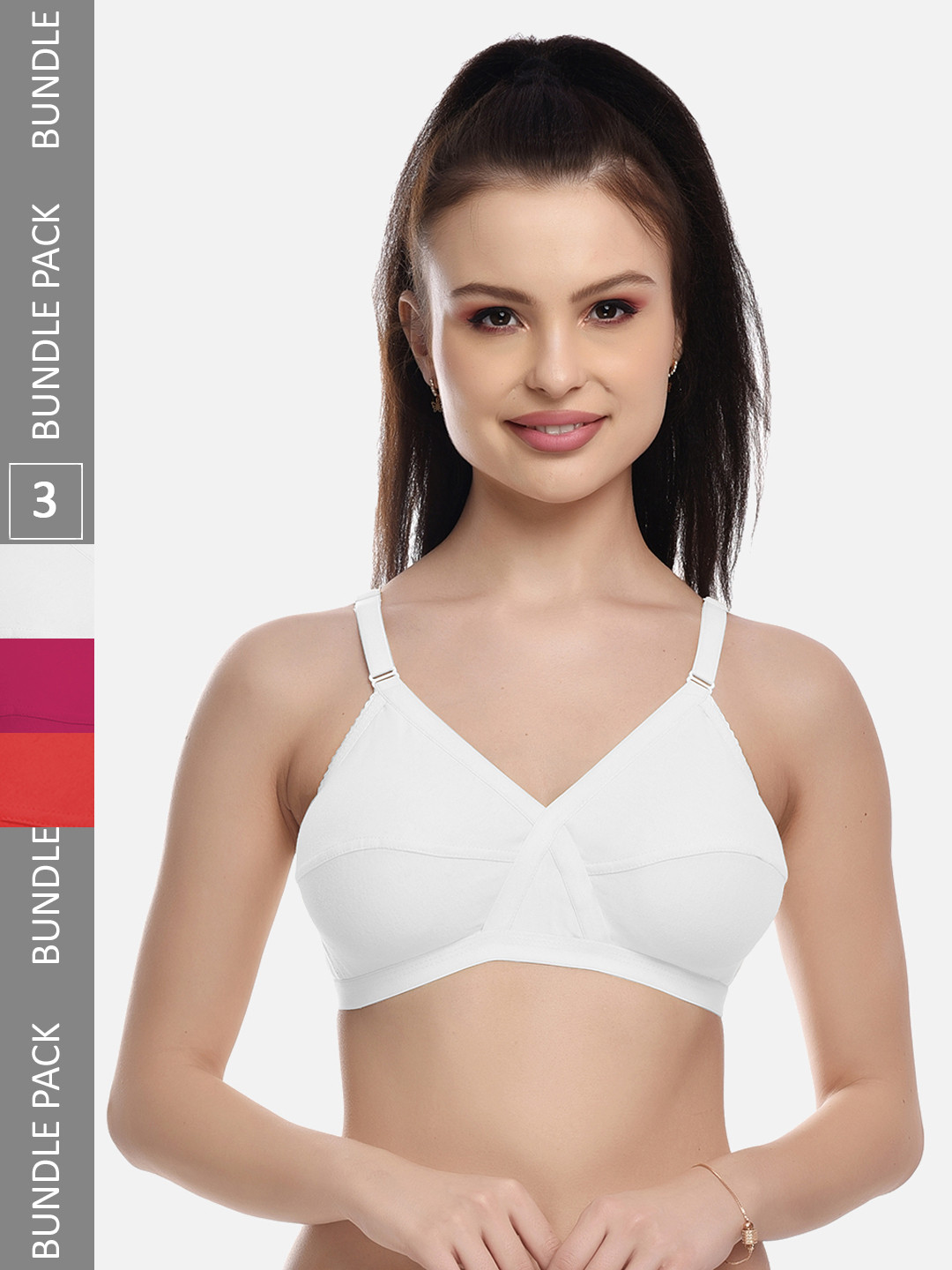 FIMS White & Pink Pack of 3 Cotton Blend Non-Padded Bras MTR_Cross_Bra_WhitePinkRed_B