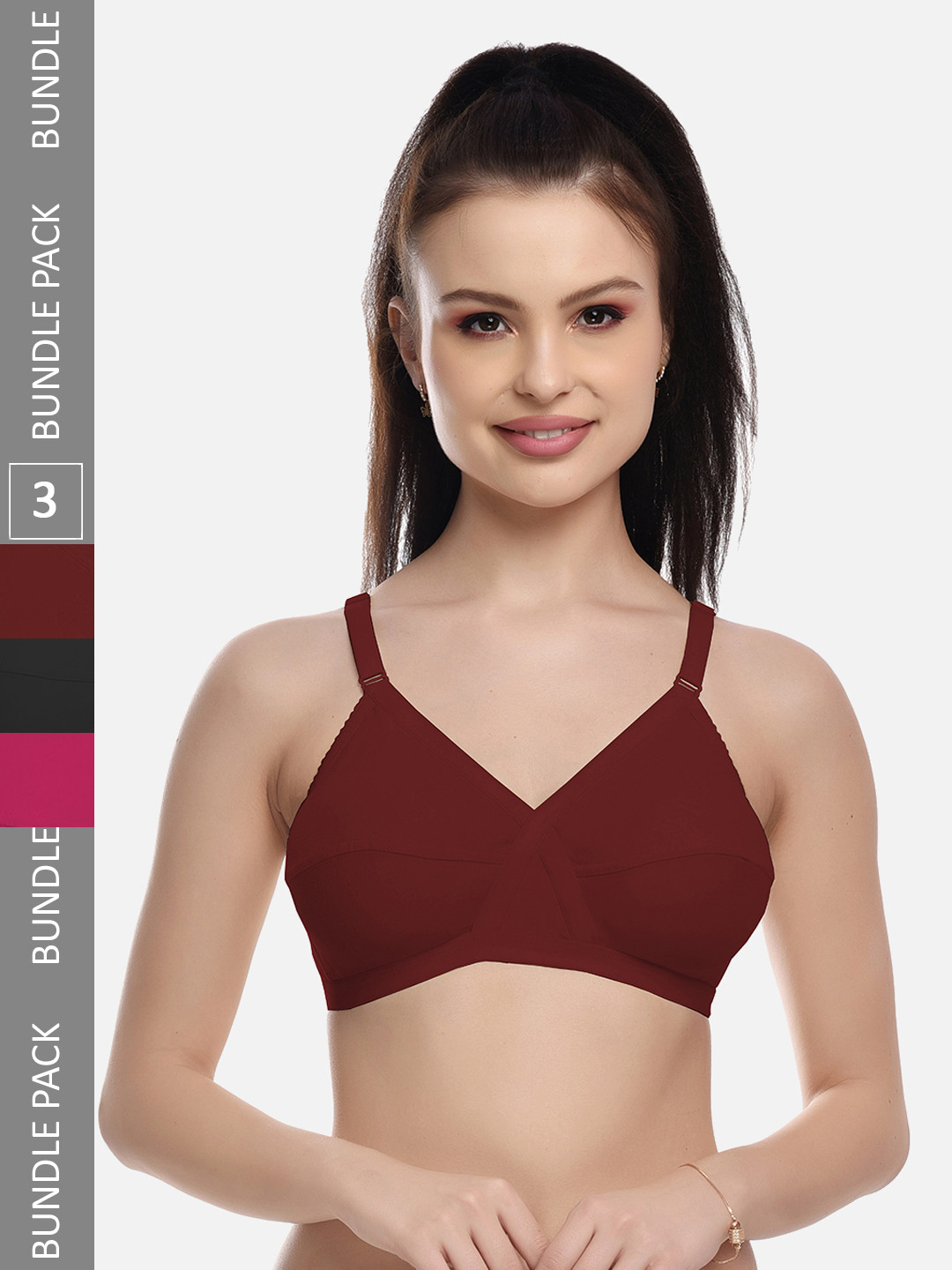 FIMS Black & Maroon Pack of 3 Cotton Blend Non-Padded Bras MTR_Cross_Bra_BlackPinkMaroon_B