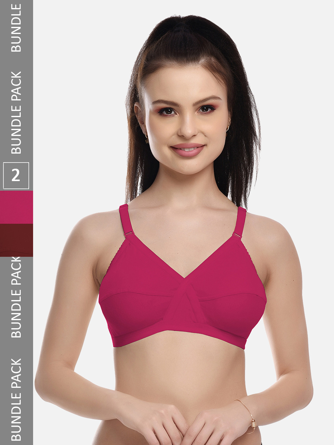 FIMS Pink & Maroon Pack of 2 Cotton Blend Non-Padded Bras MTR_Cross_Bra_PinkMaroon_B
